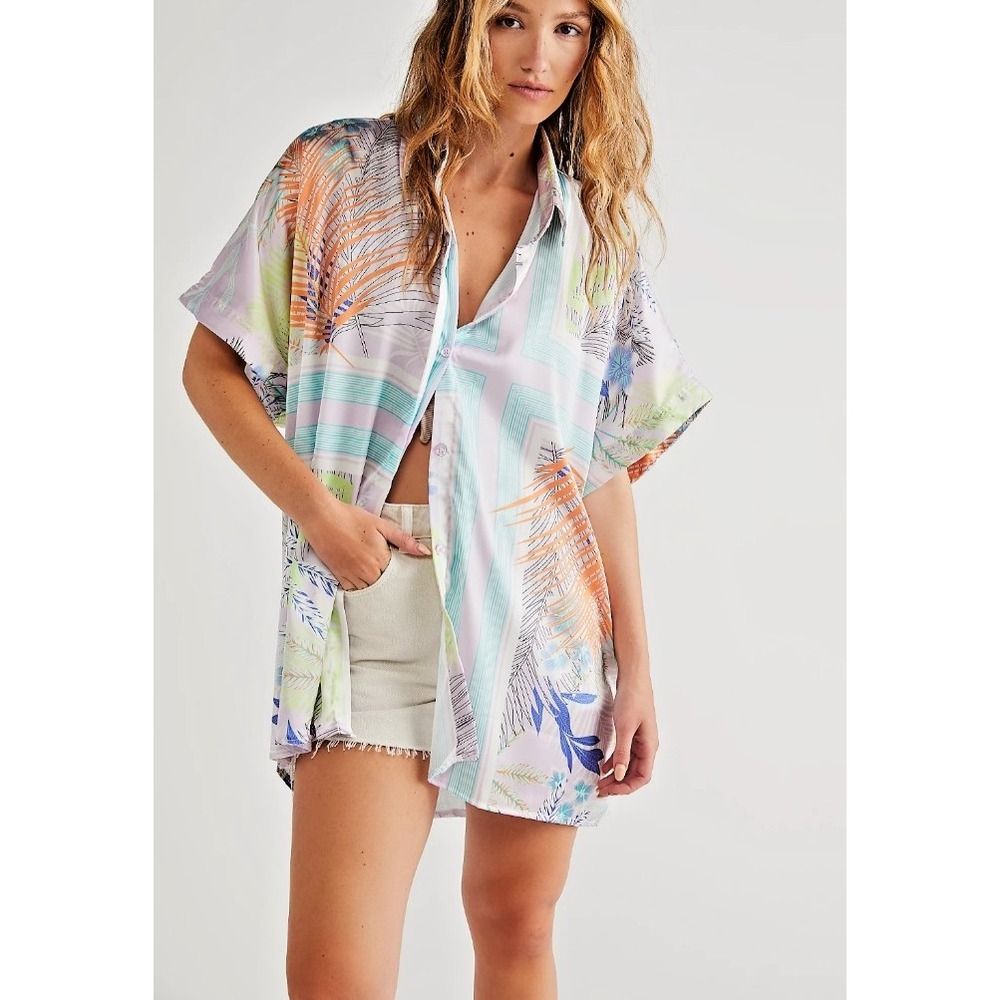 FREE PEOPLE Women's Island Time Kimono Tropical Print Button Front One Size EUC